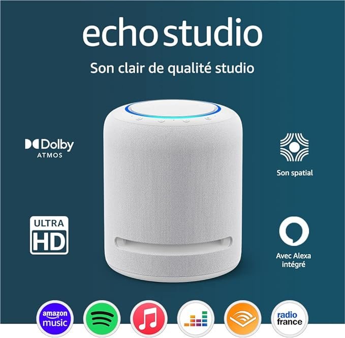 Echo Studio | Notre enceinte connectée Bluetooth et Wi-Fi aux meilleures performances audio | Avec Dolby Atmos, son spatial, hub connecté et Alexa | Blanc
