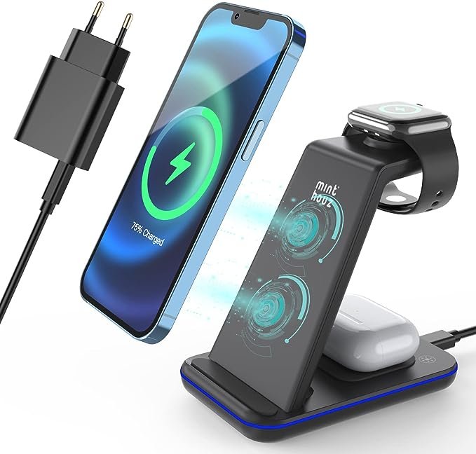 Chargeur Induction Rapide 3 en 1-20W Base de Charge sans Fil avec Adaptateur QC 3.0 – Chargeur sans Fil Station Compatible avec iWatch, AirPods, iPhone Série 14/13/12/X/8 etc