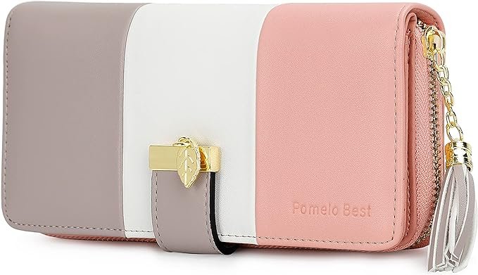 Portefeuille Femme Cuir Porte Monnaie Porte-chéquiers Porte-Cartes pour 11 Cartes, Classique (Rayé, Gris Blanc Rose)