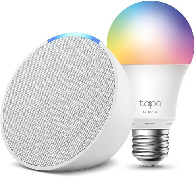 Découvrez Echo Pop | Blanc + TP-Link Tapo Ampoule LED Connectée Multicolore (E27), Fonctionne avec Alexa – Kit de démarrage Maison connectée