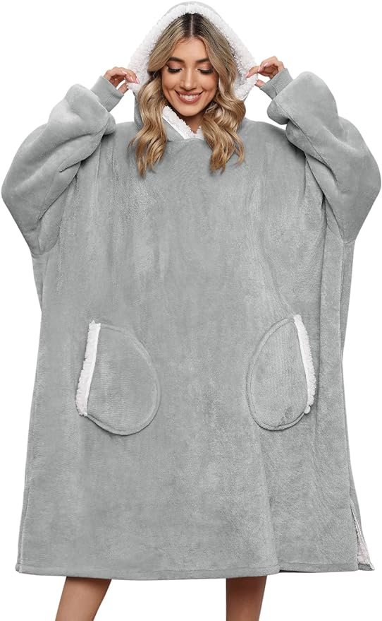 Sweat à Capuche Femme Homme Pull avec Poche Plaid Géant Couverture Polaire Hoodie Sherpa Robes de Chambre Hiver Peignoir Chaud Unisexe Sweatshirt Idée Cadeau Noël