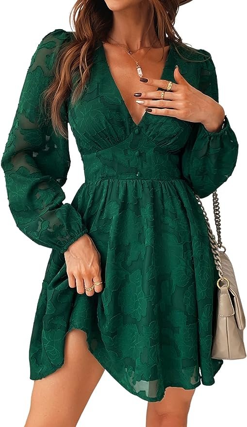 Mini Robe Femme en Dentelle Moulante à Manches Longues Imprimé Floral Col en V Robe de Cocktail Casual Party Soirée