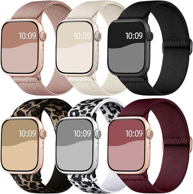 6 Pack Bracelets Compatible avec Bracelet Apple Watch 40mm 38mm 41mm pour Femme Homme, Bracelet de Remplacement Sport en Nylon Tressé Elastique pour iWatch SE Series 8 7 6 5 4 3 2 1
