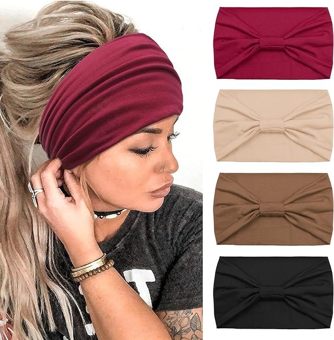 4 Pièces Bandeau Cheveux Femme Large élastique Doux Boho Bandeau Cheveux Imprimé Léopard Yoga Sport Headband Multicolore Serre-tête Femme(C)